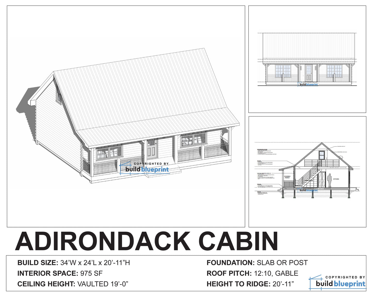 24' x 34' Large Adirondack Cabin Architectural Plans
